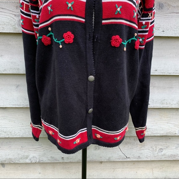 Vintage 90s Red and Black Striped Floral Crochet Crewneck Button Down Sweater - Picture 9 of 16